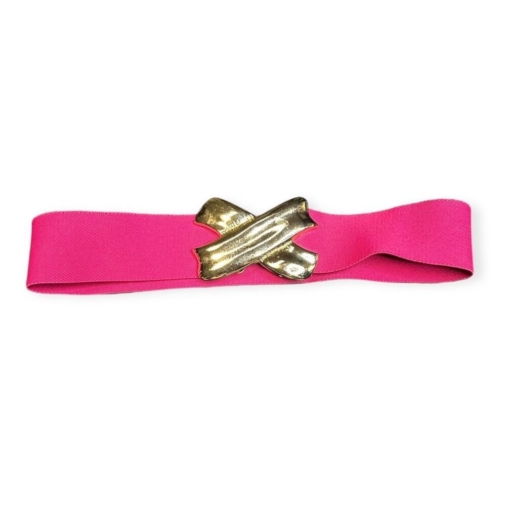 VINTAGE MOTION EAST Women’s Hot Pink Elastic Waist Belt Gold Tone X Buckle 1980s